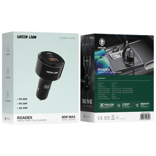 Green Lion Roadex Triple Port Car Charger 80W - Black