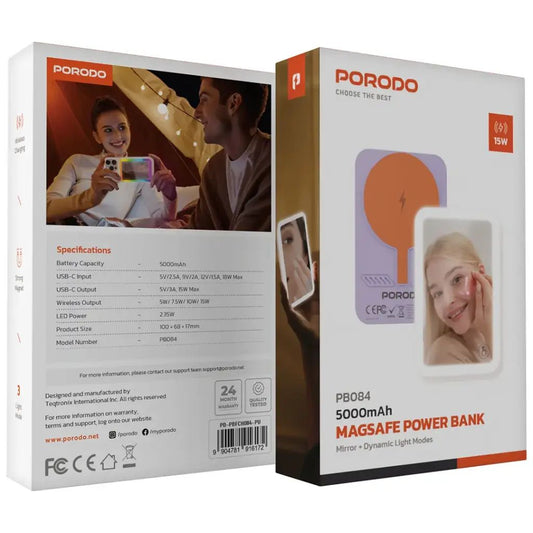 Porodo 5000mAh MagSafe Power Bank with Dynamic Light Modes Mirror