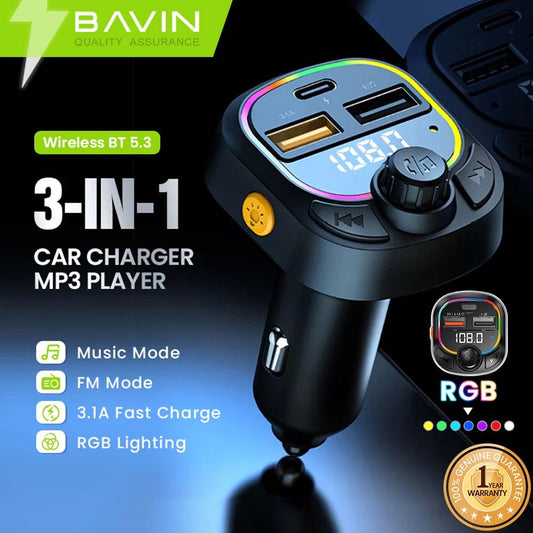 BAVIN C-C-PC2013 3-in-1 Car Charger & Bluetooth MP3 Player w/ Fast Charge & RGB Lighting