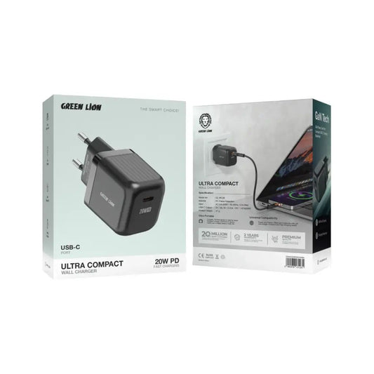 Green Lion Ultra Compact GaN Wall Charger EU Pin USB-C 20W (with C to C / C to L Cable) - Black