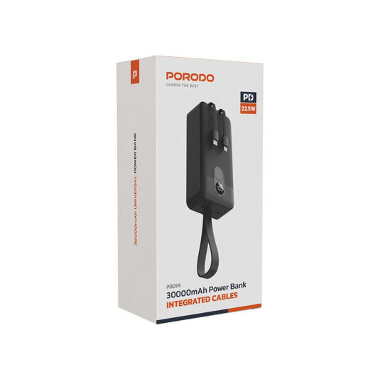 Porodo 30000mAh Power Bank with Integrated Cables - Black
