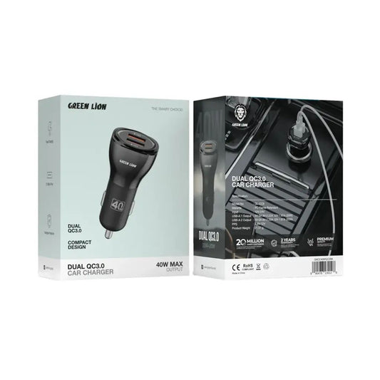 Green Lion Dual QC3.0 Car Charger 40W - Black