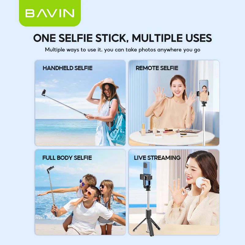 BAVIN D-Z-P09 Portable Selfie Stick & Tripod w/ Bluetooth Remote for Outdoor Use