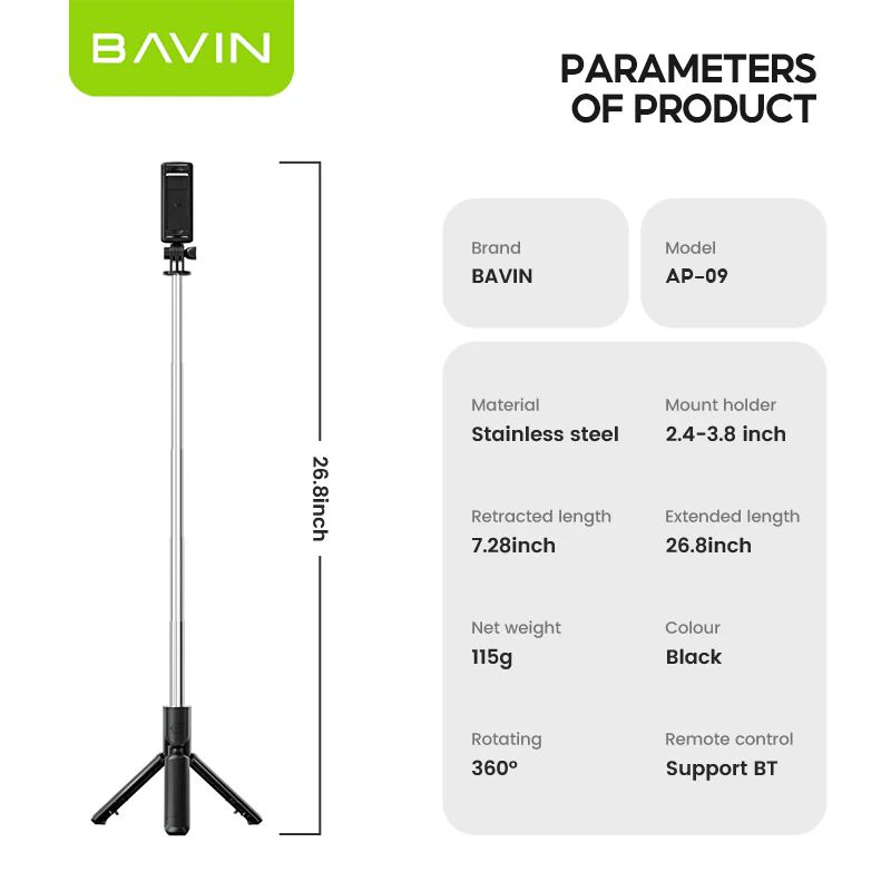 BAVIN D-Z-P09 Portable Selfie Stick & Tripod w/ Bluetooth Remote for Outdoor Use