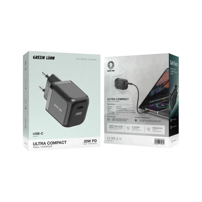 Green Lion Ultra Compact GaN Wall Charger EU Pin USB-C 20W (with C to C / C to L Cable) - Black